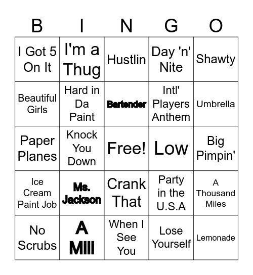 Throwback Hits Bingo Card