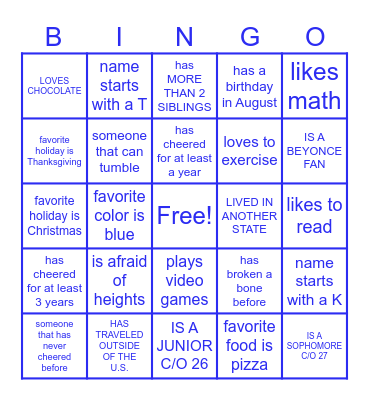 JFK  Cheerleader Bingo Card