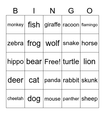 Animal Bingo Card