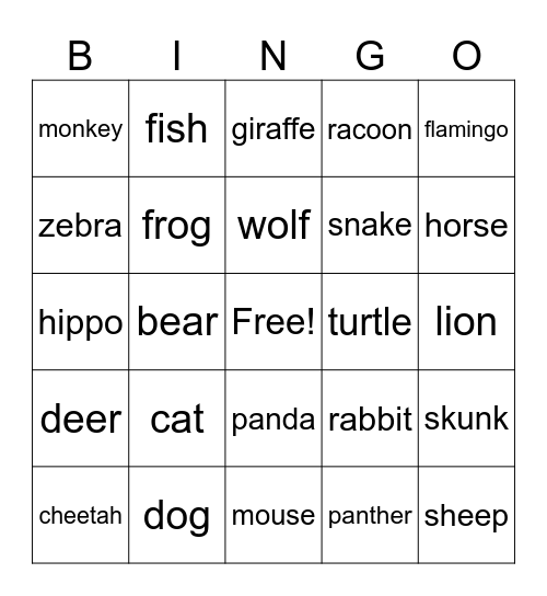 Animal Bingo Card