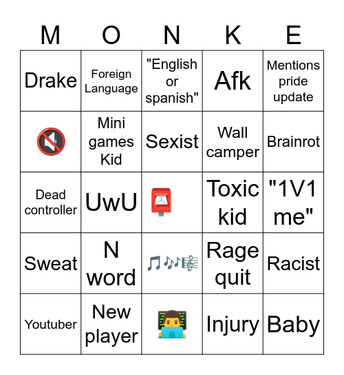Gorilla tag bingo Card