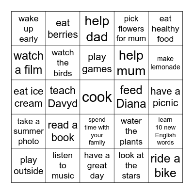 Summer Vacation Bingo Card