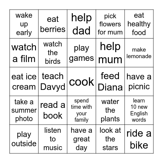 Summer Vacation Bingo Card