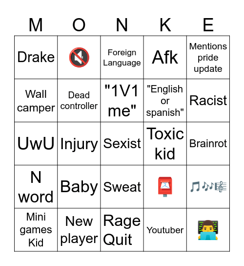 Gorilla tag bingo Card
