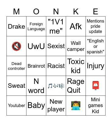 Gorilla tag bingo Card