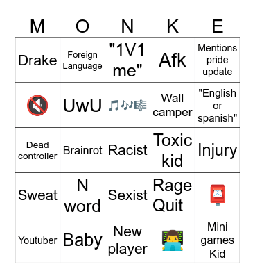 Gorilla tag bingo Card