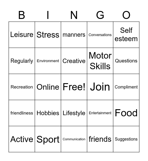 Social Opportunities Bingo Card