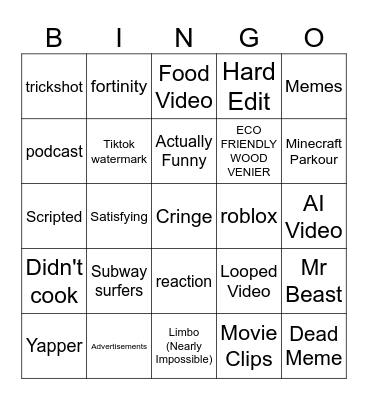shorts bingo Card