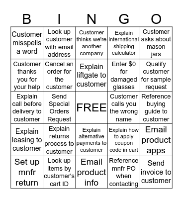 Customer Contact Bingo Card