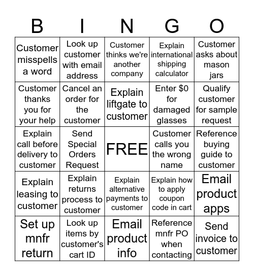 Customer Contact Bingo Card