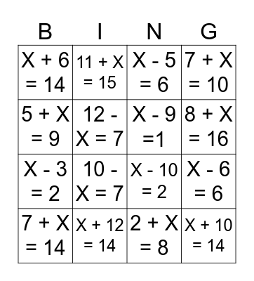 Algebra Bingo Card