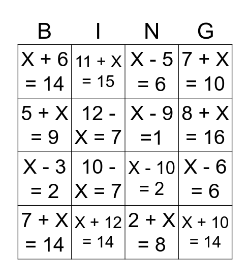 Algebra Bingo Card