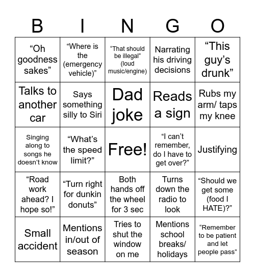 Driving with Dad Bingo Card