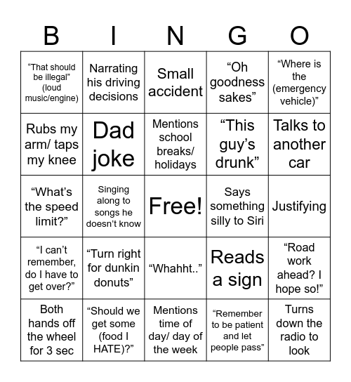 Driving with Dad Bingo Card