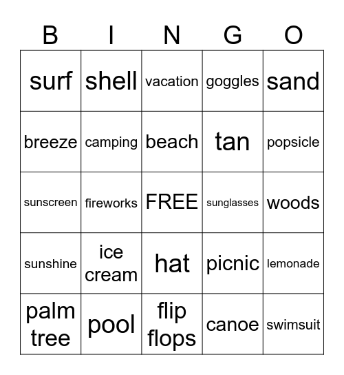Summer Fun Bingo Card
