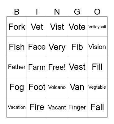 V and F Bingo Card