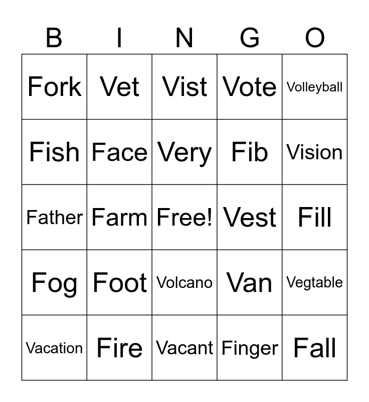 V And F Bingo Card