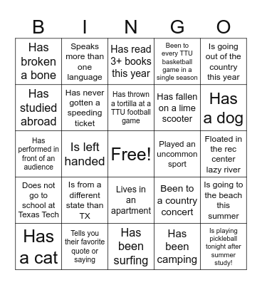 Summer Study Bingo Card