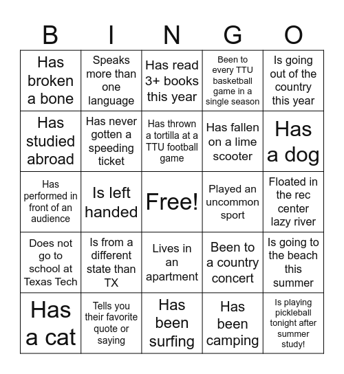 Summer Study Bingo Card