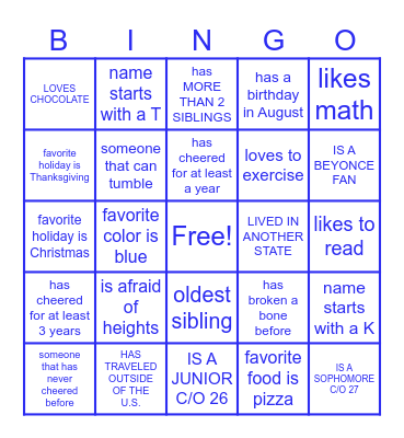 JFK  Cheerleader Bingo Card