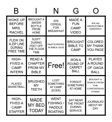 CENTRAL KIDS CAMP BINGO Card