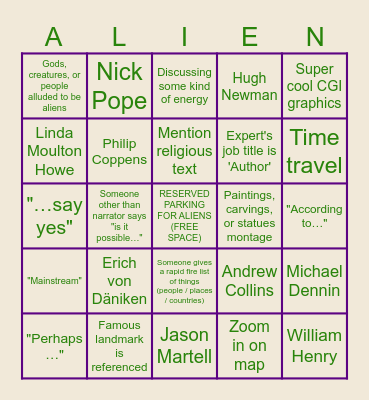 Ancient Aliens Bingo Card