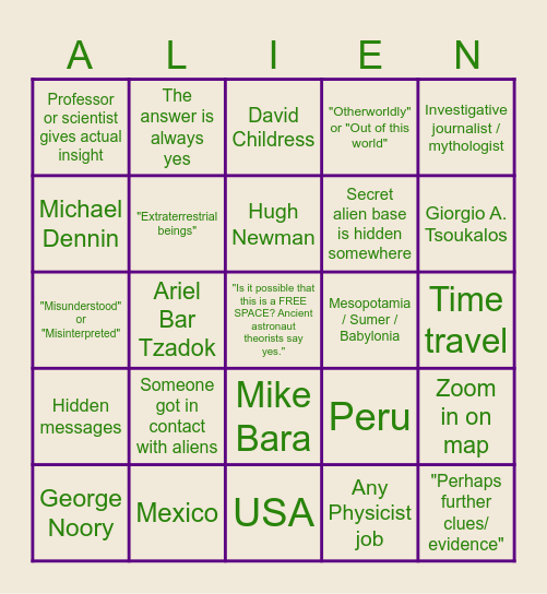 Ancient Aliens Bingo Card