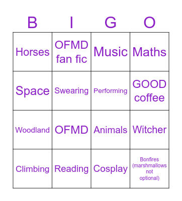 Shared Interests Bingo Card