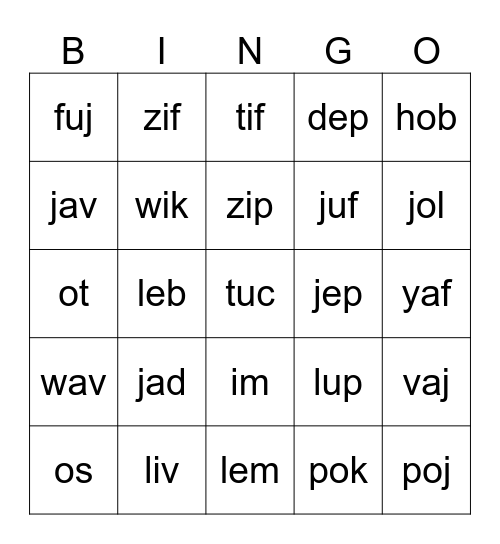 Nonsense Word Fluency Bingo Card