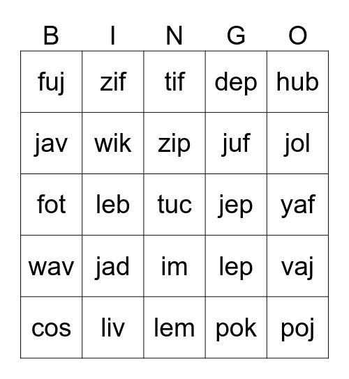 Nonsense Word Fluency Bingo Card