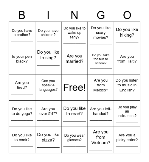 First Day Bingo Card