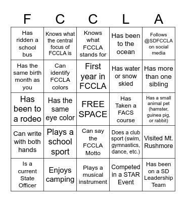 Fall Leadership FCCLA Introduction BINGO Card