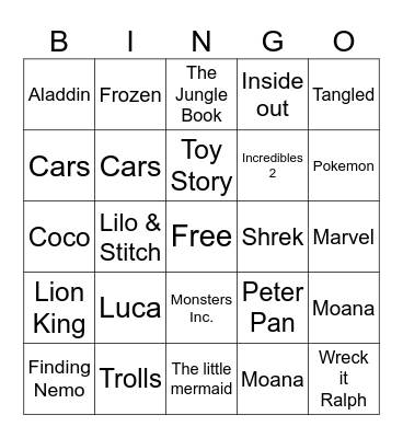 Disney Pixar Movies Bingo Card