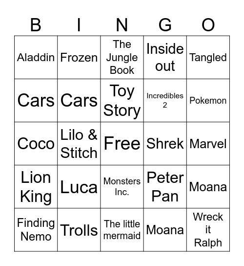 Disney Pixar Movies Bingo Card