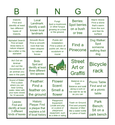 Nature Walk Scavenger Hunt Bingo Card