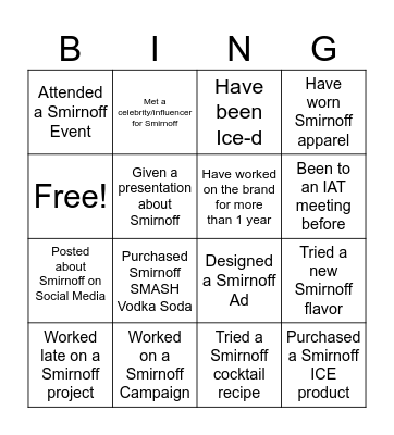 Smirnoff Bingo Card