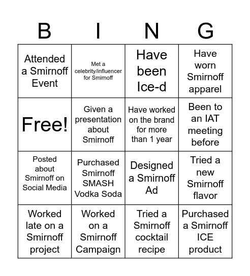 Smirnoff Bingo Card