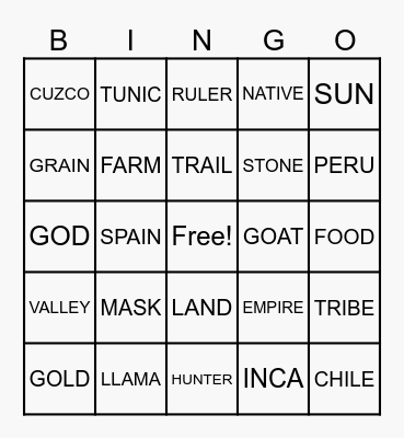 Inca Bingo Card