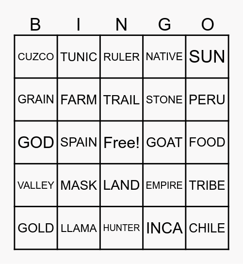 Inca Bingo Card