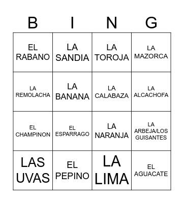 LAS FRUTAS Y VEGETALES Bingo Card