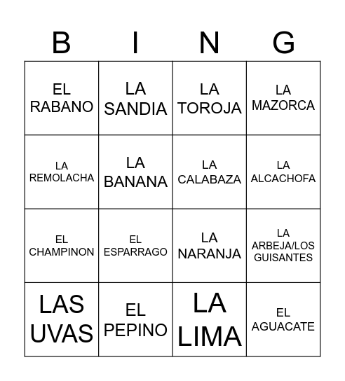 LAS FRUTAS Y VEGETALES Bingo Card