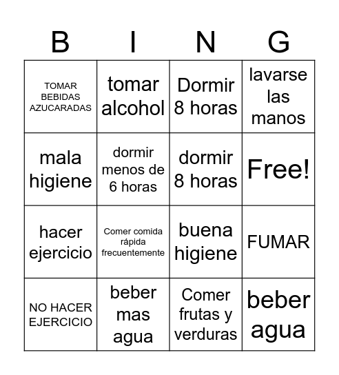 HABITOS SALUDABLES Y NO SALUDABLES Bingo Card