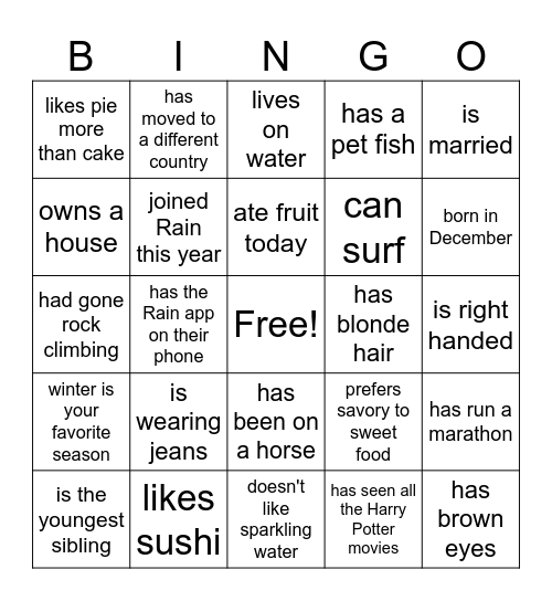 Rain Bingo - Round 2 Bingo Card