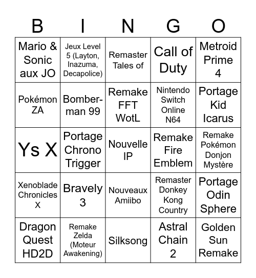 Nintendo direct Bingo Card