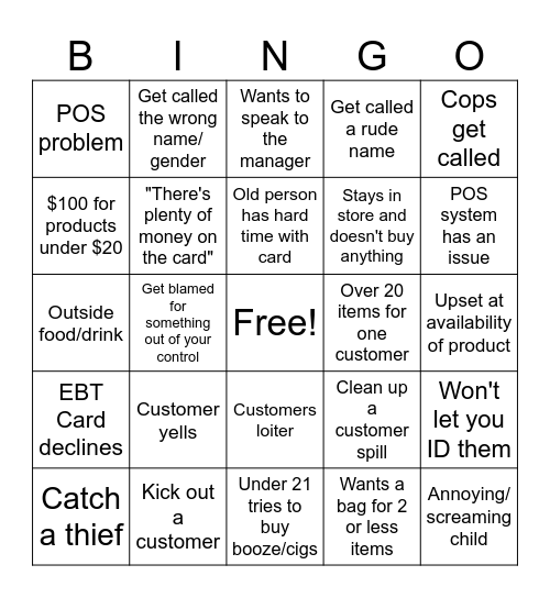 Retail Worker Bingo Card