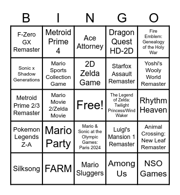 Nintendo Direct 6/18/24 Bingo Card