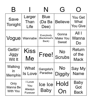 *90's Pop Bingo Card