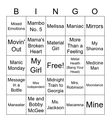 *Songs that start with M Bingo Card