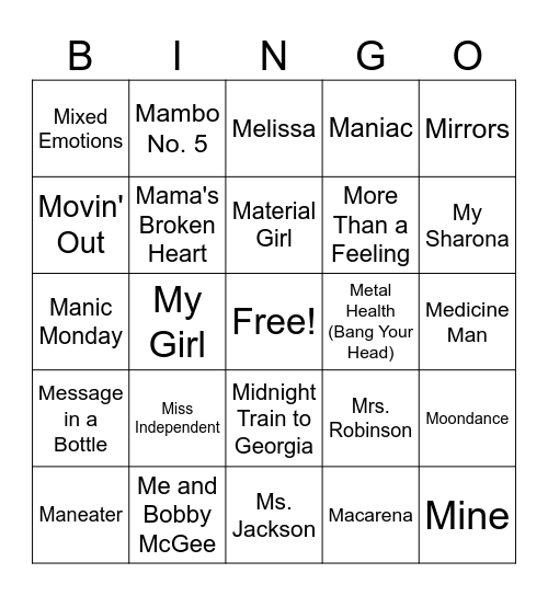 *Songs that start with M Bingo Card