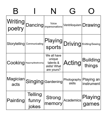 Talent & Skills Bingo Card